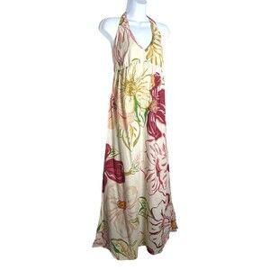 Vintage Boho Floral Halter Maxi Dress Sz L Cotton Linen Y2K Vacation Loungewear